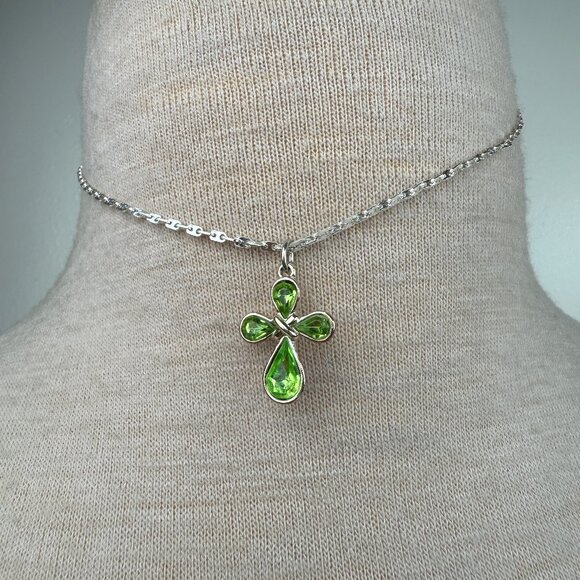 Avon Silver Tone Green Rhinestone Cross Necklace 14.5" - Picture 1 of 4